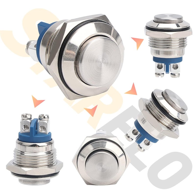 STARELO 5pcs 16mm Momentary Push Button Switch Sliver Shell, IP65 Waterproof Push Button Switch,Copper Shell 1 Normally Open without LED. - Image 2